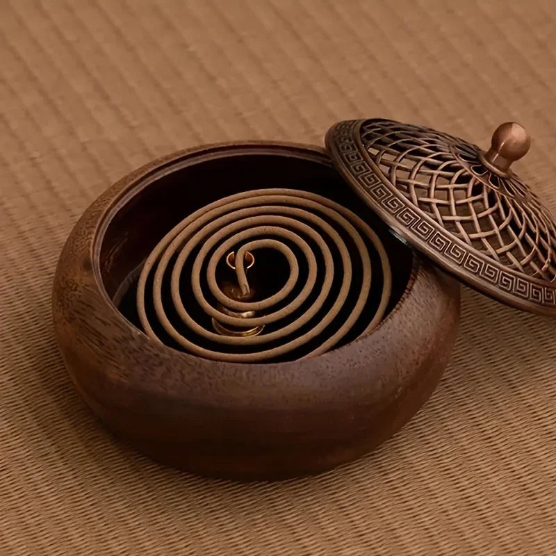 South American walnut round incense burner, solid wood, handcrafted, incense sticks, incense coils, meditation, yoga, home décor, minimalist design | مبخرة دائرية من خشب الجوز الأمريكي الجنوبي، مصنوعة يدويًا، أعواد بخور، مخاريط بخور، التأمل، اليوغا، ديكور منزلي، تصميم بسيط