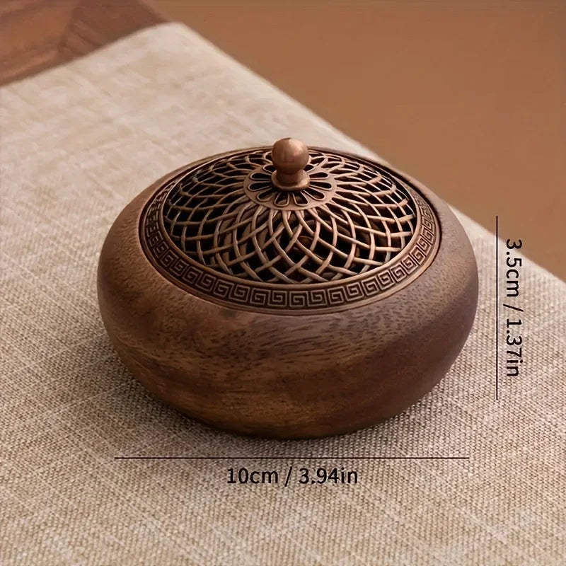 South American walnut round incense burner, solid wood, handcrafted, incense sticks, incense coils, meditation, yoga, home décor, minimalist design | مبخرة دائرية من خشب الجوز الأمريكي الجنوبي، مصنوعة يدويًا، أعواد بخور، مخاريط بخور، التأمل، اليوغا، ديكور منزلي، تصميم بسيط