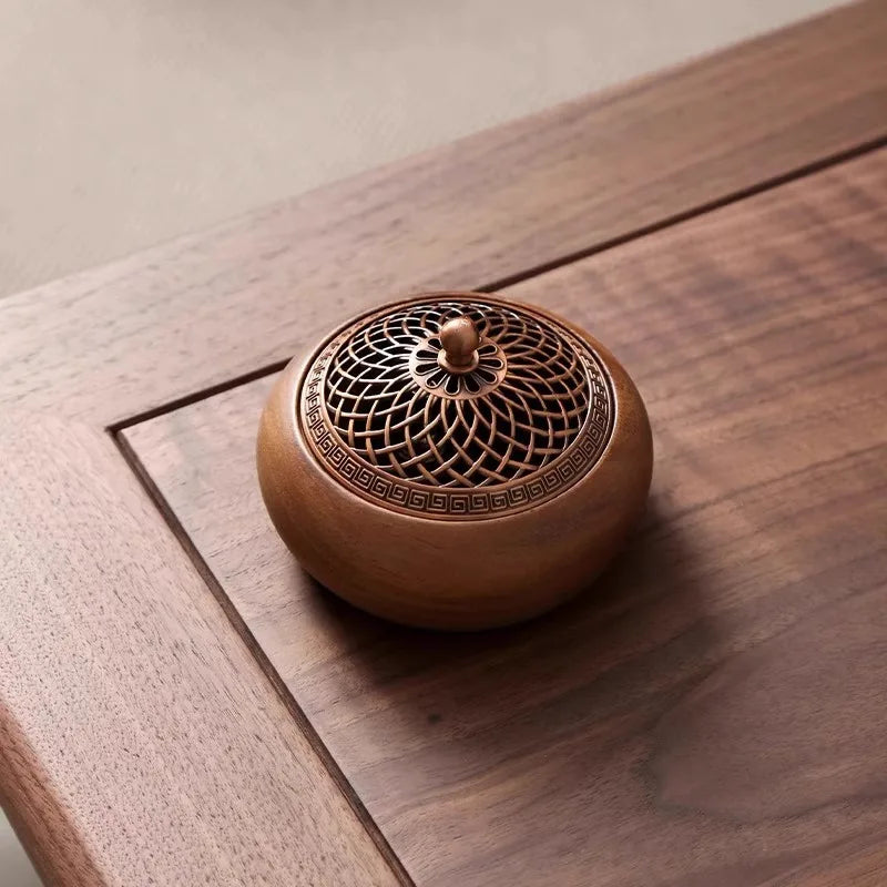 South American walnut round incense burner, solid wood, handcrafted, incense sticks, incense coils, meditation, yoga, home décor, minimalist design | مبخرة دائرية من خشب الجوز الأمريكي الجنوبي، مصنوعة يدويًا، أعواد بخور، مخاريط بخور، التأمل، اليوغا، ديكور منزلي، تصميم بسيط