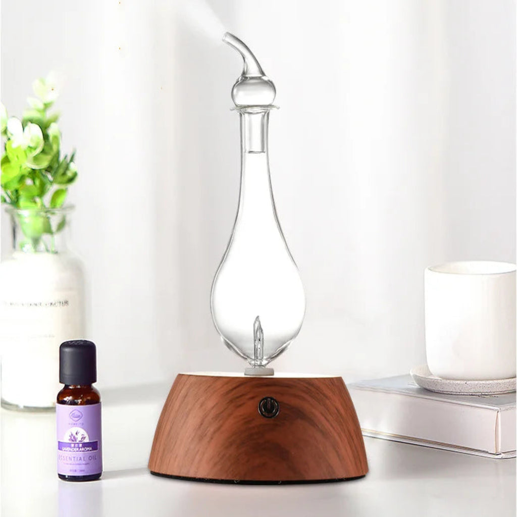 Waterless Essential Oil Pure Diffuser 50ML Mini Nebulizer with Wood Base and Glass Reservoir | ناشر عطور زيوت أساسية بدون ماء، ناشر نبضي صغير 50 مل مع قاعدة خشبية وخزان زجاجي